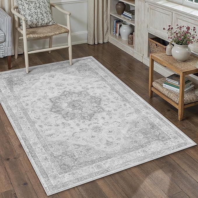 Gray Area Rug 4x5 Washable Vintage Carpet Entryway Office Soft Retro Kitchen Low Pile Thin Door Mat Non Slip Grey Oriental Medallion Throw Small Rug for Bathroom Bedroom Dining Living Room