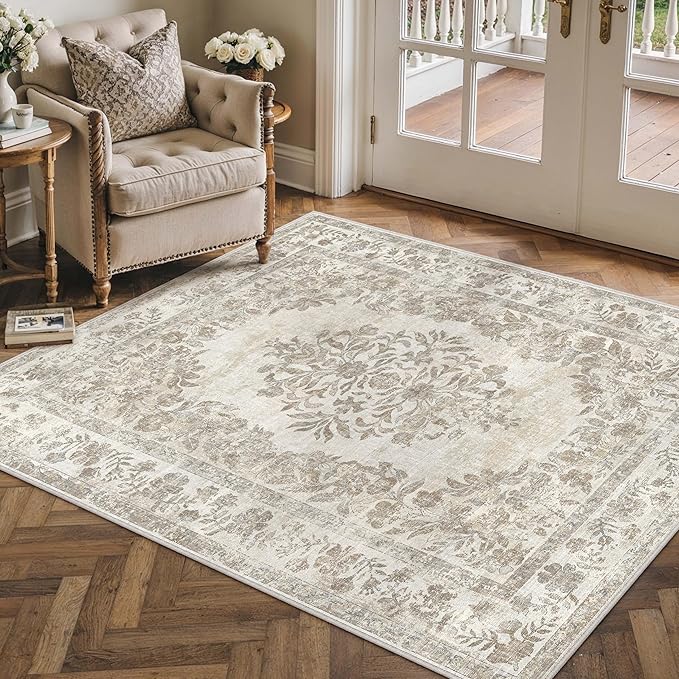 3x4 Area Rug Beige Washable Office Vintage Distressed Carpet Bedroom Indoor Neutral Medallion Floral Living Room Non Slip Retro Throw Floor Mat for Dining Room Kitchen Bathroom