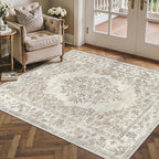 3x4 Area Rug Beige Washable Office Vintage Distressed Carpet Bedroom Indoor Neutral Medallion Floral Living Room Non Slip Retro Throw Floor Mat for Dining Room Kitchen Bathroom