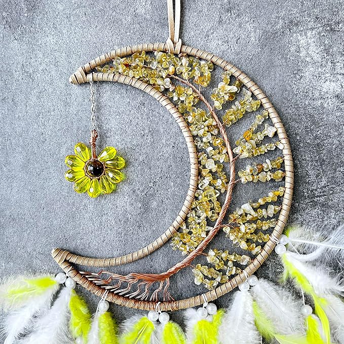 Moon Dream Catchers with Chakra Gemstone Agate Stone, Wealth Luck Crystal Tree Life Dream Catchers Wall Hangings Room Decor(Yellow)