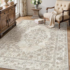 3x4 Area Rug Beige Washable Office Vintage Distressed Carpet Bedroom Indoor Neutral Medallion Floral Living Room Non Slip Retro Throw Floor Mat for Dining Room Kitchen Bathroom