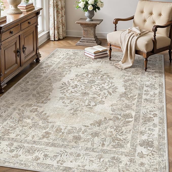 3x4 Area Rug Beige Washable Office Vintage Distressed Carpet Bedroom Indoor Neutral Medallion Floral Living Room Non Slip Retro Throw Floor Mat for Dining Room Kitchen Bathroom