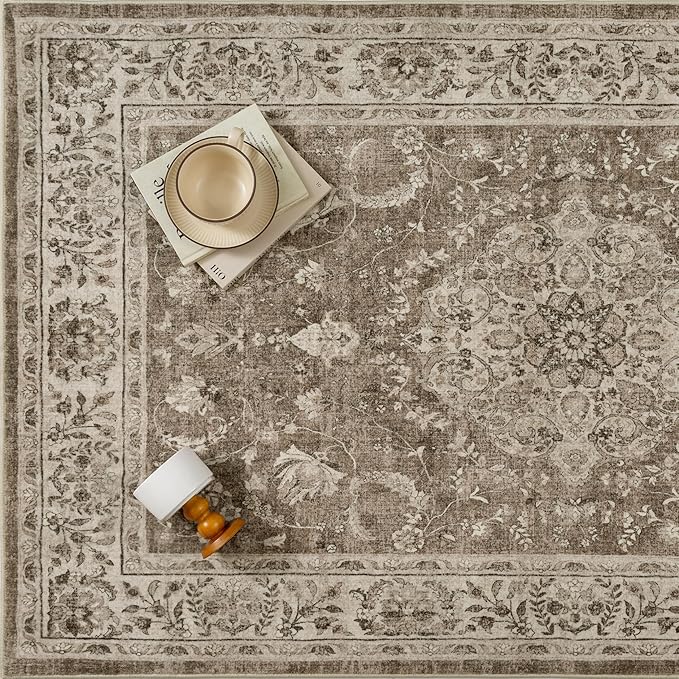 5x7 Area Rug Brown Washable Living Room Vintage Carpet Bedroom Distressed Non Slip Low Pile Thin Dining Room Office Medallion Accent Throw Rug