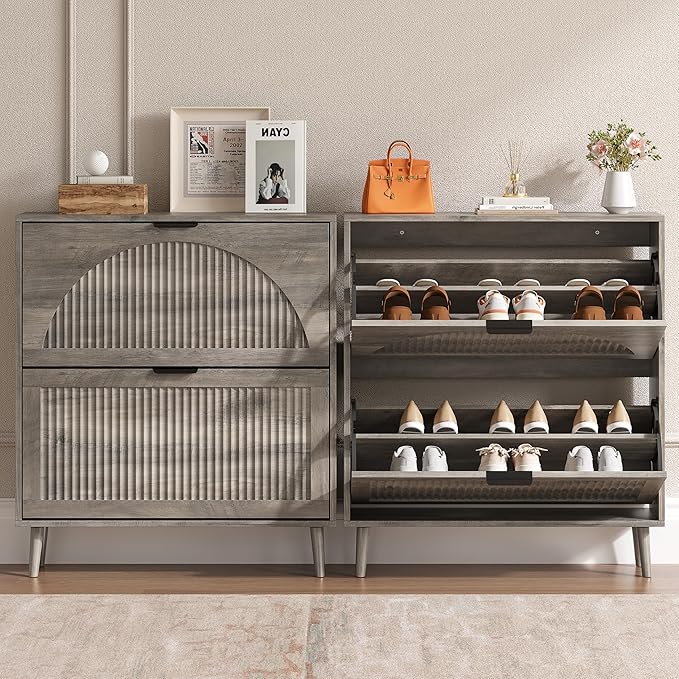 Shoe Cabinet for Entryway with 2 Flip Drawers, Slim Wooden Shoe Storage Organizer with Modern Fluted Pannel，Freestanding Narrow Hidden Shoe Rack for Hallway, Foyer, Living Room