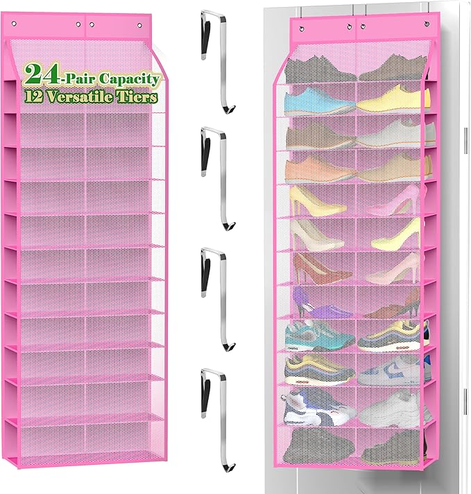 24-Pair Over Door Shoe Organizer for Family & Kids, Double Sided | Hanging Storage for Sneakers, Boots, Toys & Room OrganizationRose Quartz