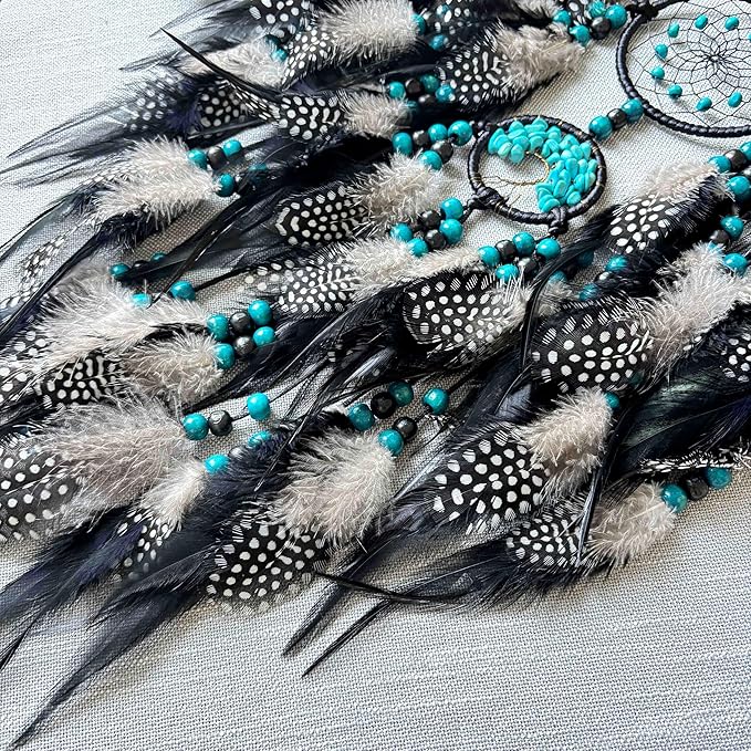 Large Dream Catchers, Boho Handmade Woven Black Dream Catchers Wall Hanging for Bedroom Living Room Dorm Room Decor, Adults Wedding Party Decor, Festival Blessing Gift (Turquoise & Black)